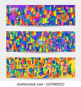 Abstract banner templates with small bright paper pieces on gradient background. Dynamic modern design with glitch gradient lines. Simple colorful futuristic elements.