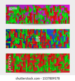 Abstract banner templates with small bright paper pieces on gradient background. Dynamic modern design with glitch gradient lines. Simple colorful futuristic elements.