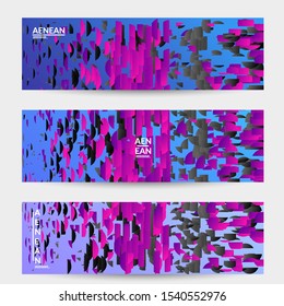 Abstract banner templates with small bright paper pieces on gradient background. Dynamic modern design with glitch gradient lines. Simple colorful futuristic elements.