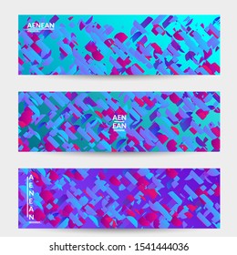 Abstract banner templates with small bright paper pieces on gradient background. Dynamic modern design with glitch gradient lines. Simple colorful futuristic elements.