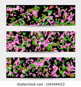 Abstract banner templates with small bright paper pieces on black background. Dynamic modern design with glitch gradient lines. Simple colorful futuristic elements.