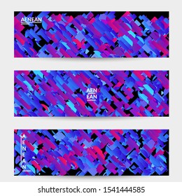 Abstract banner templates with small bright paper pieces on black background. Dynamic modern design with glitch gradient lines. Simple colorful futuristic elements.