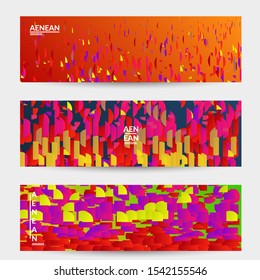Abstract banner templates with small bright paper pieces on gradient background. Dynamic modern design with glitch gradient lines. Simple colorful futuristic elements.