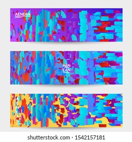Abstract banner templates with small bright paper pieces on gradient background. Dynamic modern design with glitch gradient lines. Simple colorful futuristic elements.