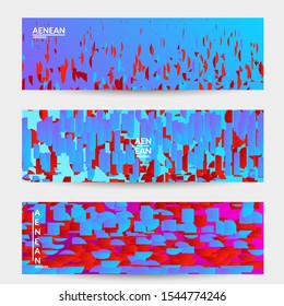 Abstract banner templates with small bright paper pieces on gradient background. Dynamic modern design with glitch gradient lines. Simple colorful futuristic elements.