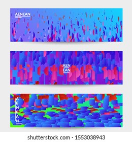 Abstract banner templates with small bright paper pieces on gradient background. Dynamic modern design with glitch gradient lines. Simple colorful futuristic elements.