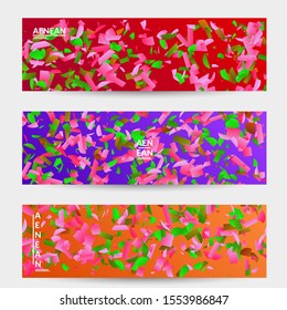 Abstract banner templates with small bright paper pieces on gradient background. Dynamic modern design with glitch gradient lines. Simple colorful futuristic elements.