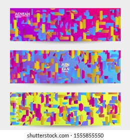 Abstract banner templates with small bright paper pieces on gradient background. Dynamic modern design with glitch gradient lines. Simple colorful futuristic elements.