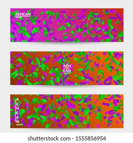 Abstract banner templates with small bright paper pieces on gradient background. Dynamic modern design with glitch gradient lines. Simple colorful futuristic elements.