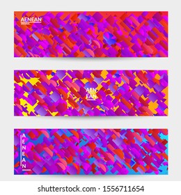 Abstract banner templates with small bright paper pieces on gradient background. Dynamic modern design with glitch gradient lines. Simple colorful futuristic elements.
