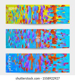 Abstract banner templates with small bright paper pieces on gradient background. Dynamic modern design with glitch gradient lines. Simple colorful futuristic elements.