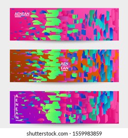 Abstract banner templates with small bright paper pieces on gradient background. Dynamic modern design with glitch gradient lines. Simple colorful futuristic elements.