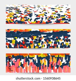 Abstract banner templates with small bright paper pieces on white background. Dynamic modern design with glitch gradient lines. Simple colorful futuristic elements.