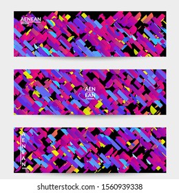 Abstract banner templates with small bright paper pieces on black background. Dynamic modern design with glitch gradient lines. Simple colorful futuristic elements.