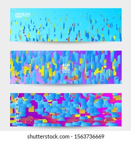 Abstract banner templates with small bright paper pieces on gradient background. Dynamic modern design with glitch gradient lines. Simple colorful futuristic elements.