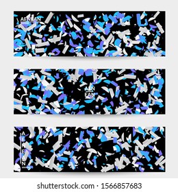 Abstract banner templates with small bright paper pieces on black background. Dynamic modern design with glitch gradient lines. Simple colorful futuristic elements.