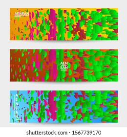 Abstract banner templates with small bright paper pieces on gradient background. Dynamic modern design with glitch gradient lines. Simple colorful futuristic elements.