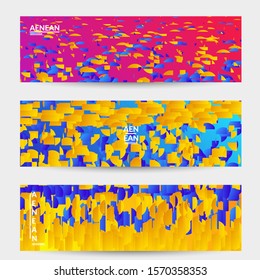 Abstract banner templates with small bright paper pieces on gradient background. Dynamic modern design with glitch gradient lines. Simple colorful futuristic elements.
