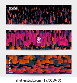 Abstract banner templates with small bright paper pieces on black background. Dynamic modern design with glitch gradient lines. Simple colorful futuristic elements.