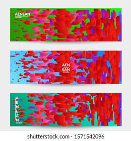 Abstract banner templates with small bright paper pieces on gradient background. Dynamic modern design with glitch gradient lines. Simple colorful futuristic elements.