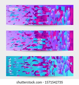 Abstract banner templates with small bright paper pieces on gradient background. Dynamic modern design with glitch gradient lines. Simple colorful futuristic elements.