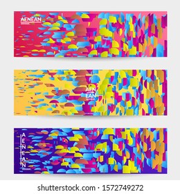 Abstract banner templates with small bright paper pieces on gradient background. Dynamic modern design with glitch gradient lines. Simple colorful futuristic elements.