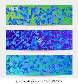 Abstract banner templates with small bright paper pieces on gradient background. Dynamic modern design with glitch gradient lines. Simple colorful futuristic elements.