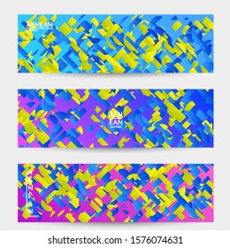 Abstract banner templates with small bright paper pieces on gradient background. Dynamic modern design with glitch gradient lines. Simple colorful futuristic elements.