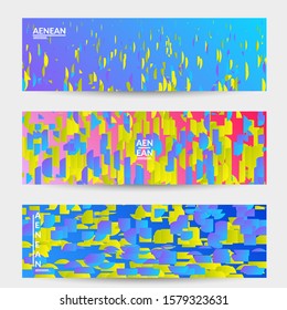 Abstract banner templates with small bright paper pieces on gradient background. Dynamic modern design with glitch gradient lines. Simple colorful futuristic elements.