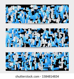 Abstract banner templates with small bright paper pieces on black background. Dynamic modern design with glitch gradient lines. Simple colorful futuristic elements.