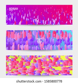 Abstract banner templates with small bright paper pieces on gradient background. Dynamic modern design with glitch gradient lines. Simple colorful futuristic elements.