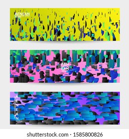 Abstract banner templates with small bright paper pieces on gradient background. Dynamic modern design with glitch gradient lines. Simple colorful futuristic elements.