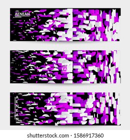 Abstract banner templates with small bright paper pieces on black background. Dynamic modern design with glitch gradient lines. Simple colorful futuristic elements.