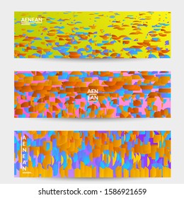 Abstract banner templates with small bright paper pieces on gradient background. Dynamic modern design with glitch gradient lines. Simple colorful futuristic elements.