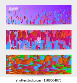Abstract banner templates with small bright paper pieces on gradient background. Dynamic modern design with glitch gradient lines. Simple colorful futuristic elements.