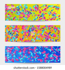 Abstract banner templates with small bright paper pieces on gradient background. Dynamic modern design with glitch gradient lines. Simple colorful futuristic elements.