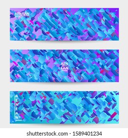 Abstract banner templates with small bright paper pieces on gradient background. Dynamic modern design with glitch gradient lines. Simple colorful futuristic elements.