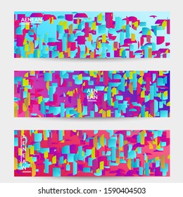 Abstract banner templates with small bright paper pieces on gradient background. Dynamic modern design with glitch gradient lines. Simple colorful futuristic elements.