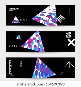 Abstract banner templates with triangle filled with bright colored stripes on black. Dynamic modern design with geometric shapes. Simple colorful futuristic elements.