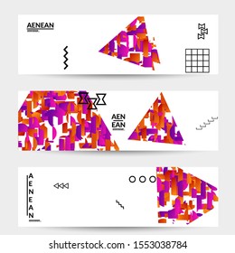 Abstract banner templates with triangle filled with bright colored stripes on white. Dynamic modern design with geometric shapes. Simple colorful futuristic elements.