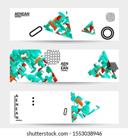 Abstract banner templates with triangle filled with bright colored stripes on white. Dynamic modern design with geometric shapes. Simple colorful futuristic elements.