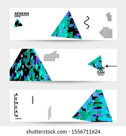 Abstract banner templates with triangle filled with bright colored stripes on white. Dynamic modern design with geometric shapes. Simple colorful futuristic elements.