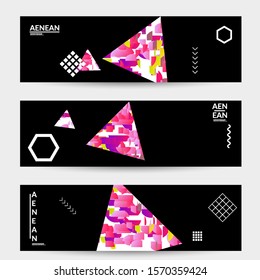 Abstract banner templates with triangle filled with bright colored stripes on black. Dynamic modern design with geometric shapes. Simple colorful futuristic elements.