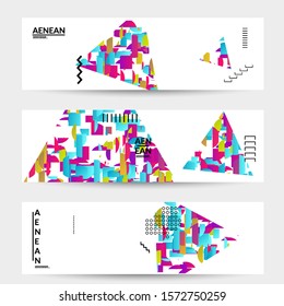Abstract banner templates with triangle filled with bright colored stripes on white. Dynamic modern design with geometric shapes. Simple colorful futuristic elements.