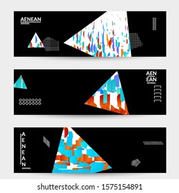 Abstract banner templates with triangle filled with bright colored stripes on black. Dynamic modern design with geometric shapes. Simple colorful futuristic elements.