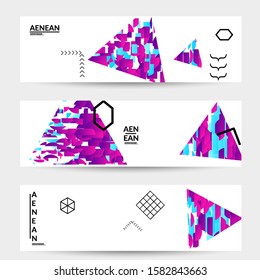 Abstract banner templates with triangle filled with bright colored stripes on white. Dynamic modern design with geometric shapes. Simple colorful futuristic elements.