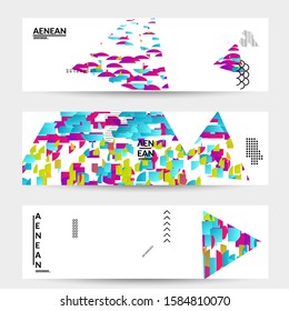 Abstract banner templates with triangle filled with bright colored stripes on white. Dynamic modern design with geometric shapes. Simple colorful futuristic elements.