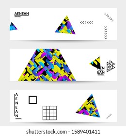 Abstract banner templates with triangle filled with bright colored stripes on white. Dynamic modern design with geometric shapes. Simple colorful futuristic elements.