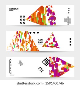 Abstract banner templates with triangle filled with bright colored stripes on white. Dynamic modern design with geometric shapes. Simple colorful futuristic elements.