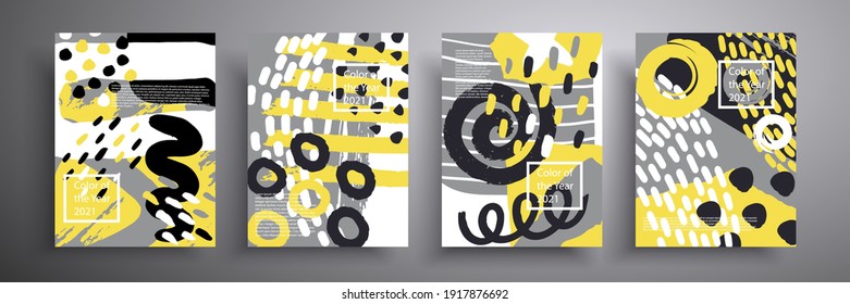 Abstract banner. Vector composition of minimal geometric shapes in gray and yellow colors. Trending colors of 2021. Can be used for wall decoration, postcards, cover designs